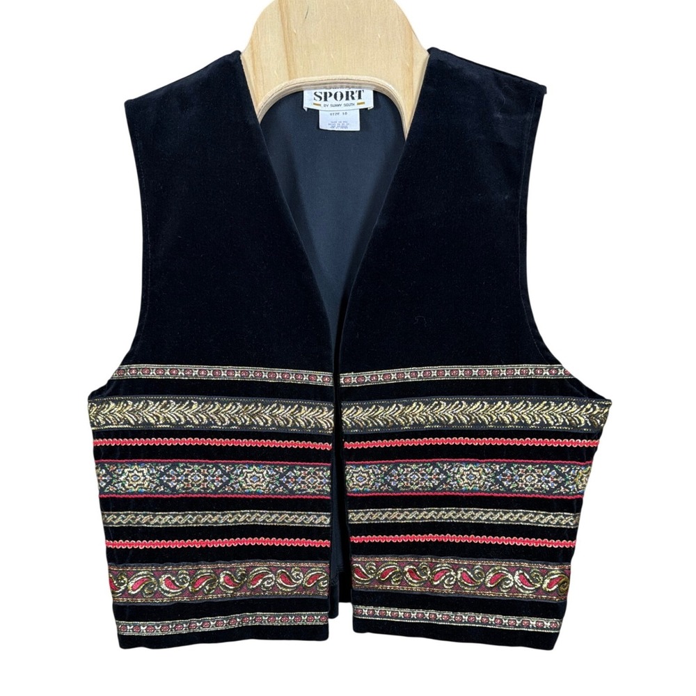 Sunny Sport Vest Womens 10 R 7151 Black Cotton Velvet Embroidered Ribbon Trim
